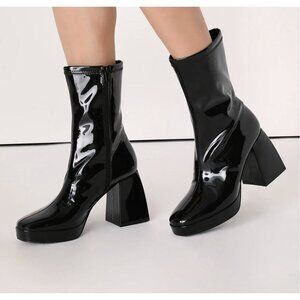 NEW Lulus Size 5.5 Edmen Black Patent Platform Mid Calf Boots Zip Up Block Heel